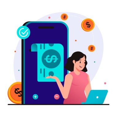 Telefonu, akıllı telefonu, bozuk parası, banknotu olan bir kadının vektör çizimi.