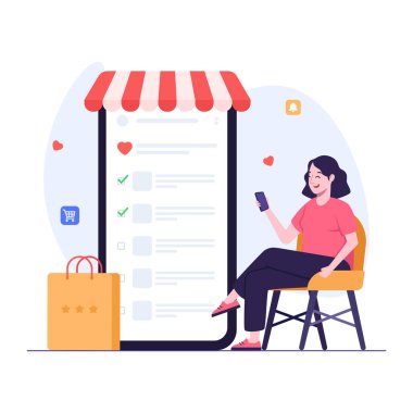 Akıllı telefon kullanan bir kadınla çevrimiçi dükkan konsepti. vektör illüstrasyonu