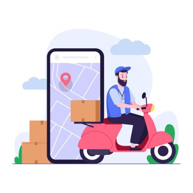 Scooter ve akıllı telefon kullanan kurye.