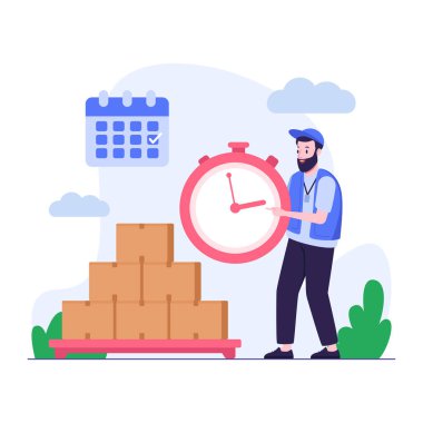 Saat ve teslimat kutuları tutan adam.