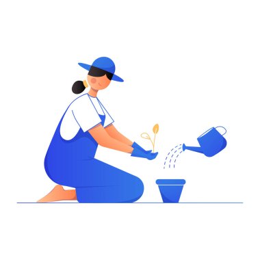 Düz dizaynla çiçekleri sulayan kadın. vektör illüstrasyonu