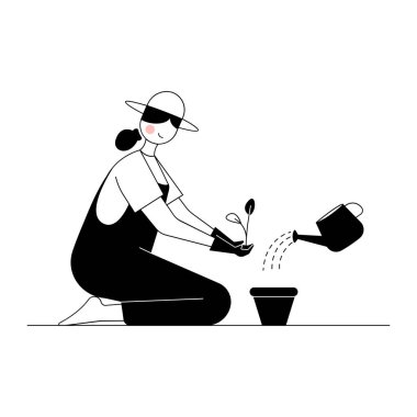 Vektör illüstrasyonu, önlüklü ve siyah önlüklü bir kadın, sulanma kutusu ve su kutusuyla, beyaz arka planda izole edilmiş.