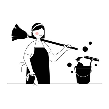 Siyah üniformalı ve eldivenli bir ev kadınının vektör çizimi. Temizlik. Çizgi film tarzında vektör illüstrasyonu.