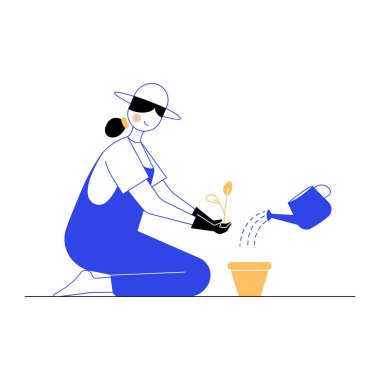 Çiçekleri sulayan kadın ve bahçe vektör tasarımı. Bahçecilik ve bahçıvanlık..