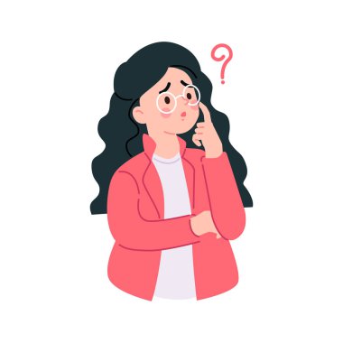 Kadın düşüncesi, problem. Düşünen kadın. düz çizgi film vektör çizimi.