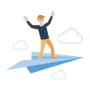 Bir dağın tepesinde zıplayan mutlu iş adamı. Beyaz arkaplanda izole edilmiş vektör illüstrasyonu.