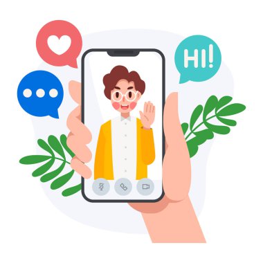 Beyaz kazaklı bir adamın vektör düz çizgi film karakteri ellerini cep telefonu ve mesajlı bir mesajla sallıyor.