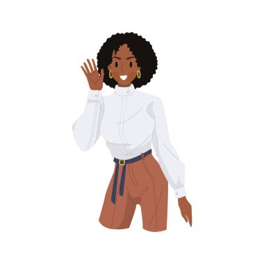 Elinde el sallayan Afro-Amerikan kadın. Günlük giysiler içinde mutlu bir Afrikalı kadın. Beyaz arkaplanda izole edilmiş vektör çizimi. düz çizgi film karakteri.