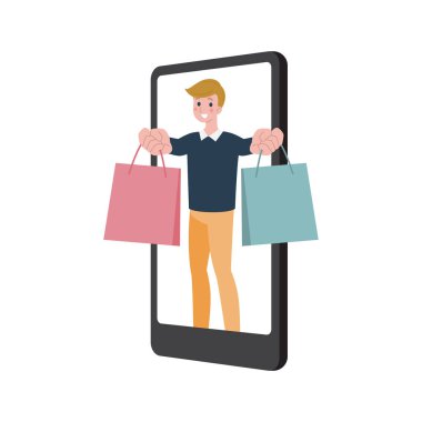 Akıllı telefonlu ve alışveriş çantalı adam vektör çizimi