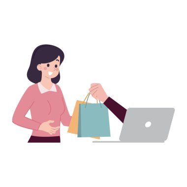 Kadın alışveriş yapıyor ve laptop kullanıyor