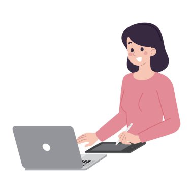 Laptop vektör çizim grafiksel tasarımı olan masaüstü aygıtı kullanan genç kadın