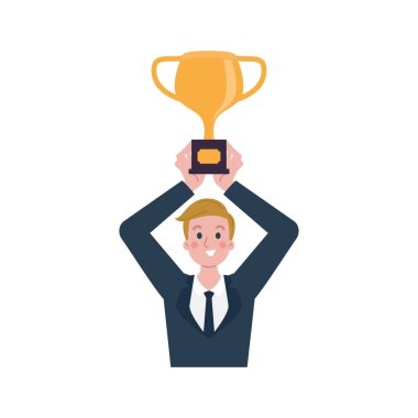 Ödül kupası ve kupa vektör illüstrasyonuyla iş adamı