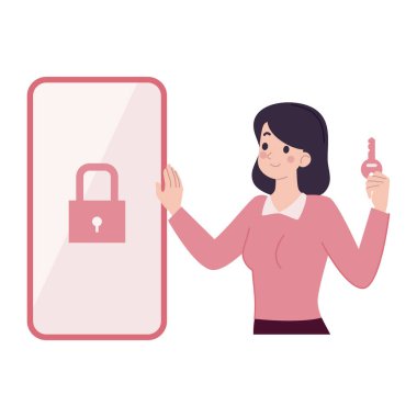 Akıllı telefonu ve anahtarı olan kadın.