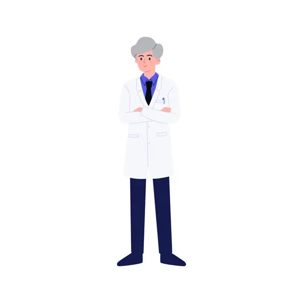 Çapraz kollu erkek doktor. Beyaz arka planda izole edilmiş düz vektör çizimi.