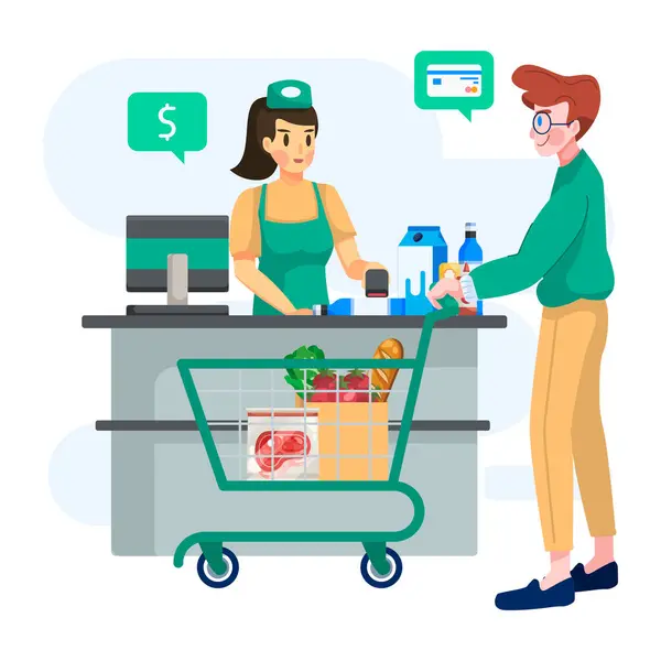 Süpermarket arabası ve alışveriş arabasındaki adam.