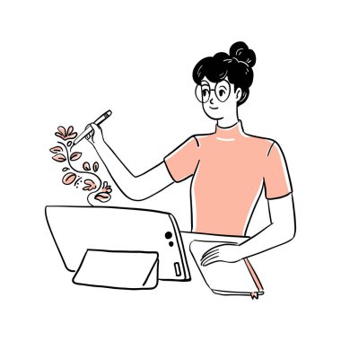 Laptop kullanan ve notlarla yazan genç bir kadın. Masada çalışan kız öğrenci. Beyaz arkaplanda izole edilmiş vektör illüstrasyonu.