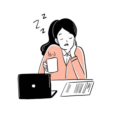 İşte uyuyan bir kadın, dizüstü bilgisayarla çalışıyor. vektör illüstrasyonu