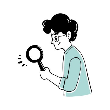 El çizimi vektör çizimi. Genç bir kadın büyüteçten bakıyor..