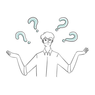 Soru işareti olan tişörtlü ve gözlüklü adam.