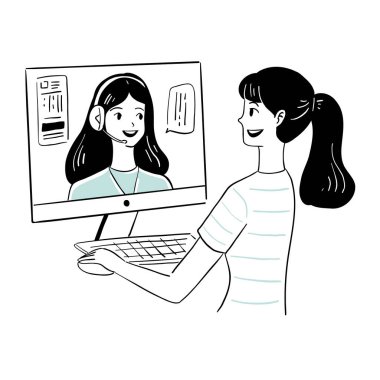 Akıllı telefon vektör çizimi tasarımlı masaüstü bilgisayarı kullanan genç bir kadın