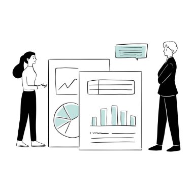 Genç iş adamı ve işadamı dizüstü bilgisayar ve çizelge üzerinde çalışıyor.