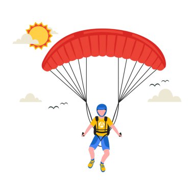 Gökyüzünde paraşütü olan genç bir çocuk.