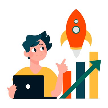 Dizüstü bilgisayarı ve roketi olan bir adamın vektör çizimi