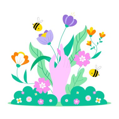 Arı ve çiçekli vektör illüstrasyonu.