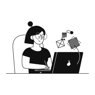 Masaüstü bilgisayar vektör çizimi kullanan kadın