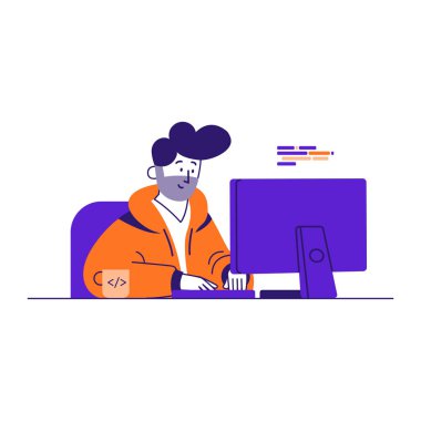 Bir adam dizüstü bilgisayar üzerinde çalışıyor, vektör çizimi