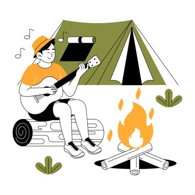 Şapkalı ve şortlu gitarlı bir adam ormanda kamp yapıyor. vektör illüstrasyonu.