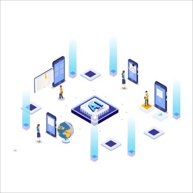 Bir bilgisayarın izometrik çizimi, çevrimiçi eğitim, e - öğrenme, öğrenme, çalışma, eğitim.