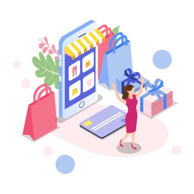 Çevrimiçi alışveriş vektörü illüstrasyonlu akıllı telefon kullanan kadın