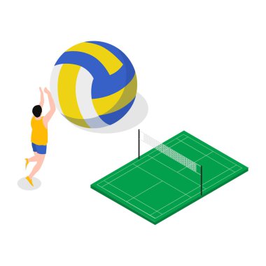 Voleybol ve net ikon. Beyaz arkaplanda izole edilmiş web tasarımı için net vektör ikonunda voleybol izometriği