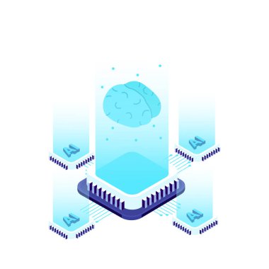 Devre kartlı beyin. izometrik vektör çizimi.