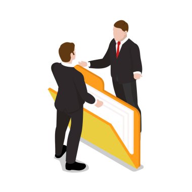 Açık dizini ve beyaz arkaplan vektör illüstrasyonuyla ilgili belgeleri olan izometrik işadamı