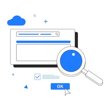 Arama verileri, web sayfası, bilgisayar ve dizüstü bilgisayarın modern tasarımı. Arama motoru optimizasyonu, çevrimiçi pazarlama kavramı.