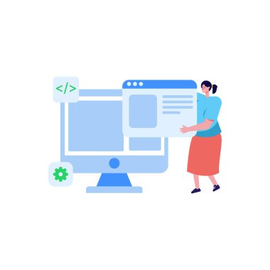 Bilgisayar üzerinde çalışan genç bir kadının izometrik vektör çizimi.