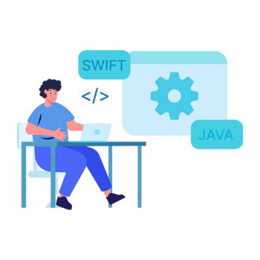 Beyaz gömlekli, takım elbiseli, elinde bir fincan kahve, dizüstü bilgisayar ve kahve fincanı olan bir adamın düz vektör çizimi.