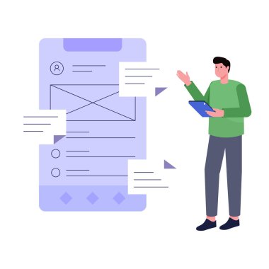 Başvuru formu ve akıllı telefonu olan genç bir erkeğin düz çizimi. Sosyal medya, iletişim ve teknoloji kavramı
