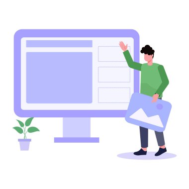 dizüstü bilgisayarı, bilgisayarı ve akıllı telefonu olan bir adamın düz dizayn vektör çizimi.