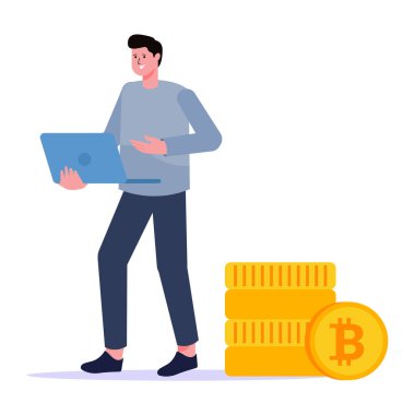 Bitcoin ve para. Vektör çizimi. düz dizayn.