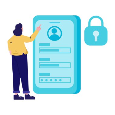 Akıllı telefonlu erkek ve kadın kilit vektör çizim tasarımına sahipler.