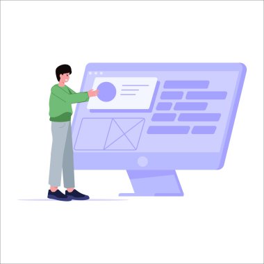 Dizüstü bilgisayarı olan ve cam vektör illüstrasyonlu bir adam.