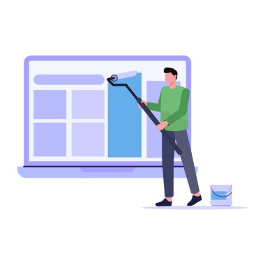 Pencereye boya fırçası ve vektörle resim yapan genç adam.