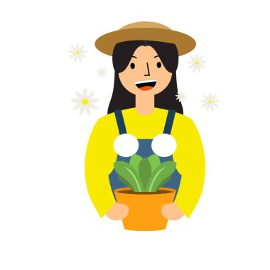 Sarı şapkalı ve elinde çiçekler olan kız, vektör düz çizgi film çizimi.