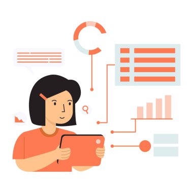 Tablet bilgisayarı ve istatistiği olan kadın