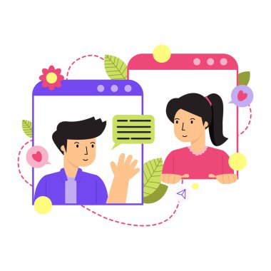 İnternetteki akıllı telefonu kullanan bir erkek ve kadının vektör çizimi.