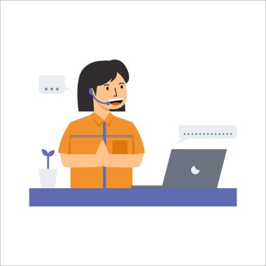 Diz üstü bilgisayarı ve telefon vektör çizimi olan çağrı merkezi kadını