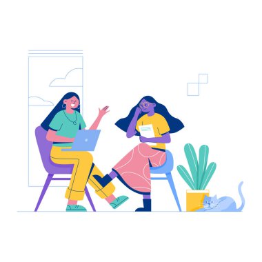 Ofiste çalışan genç kadınlar. İki genç insanın vektör illüstrasyonu.